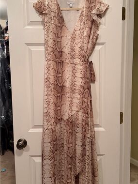 Bar III Beige and Brown Snake-Print High-Low Wrap Dress